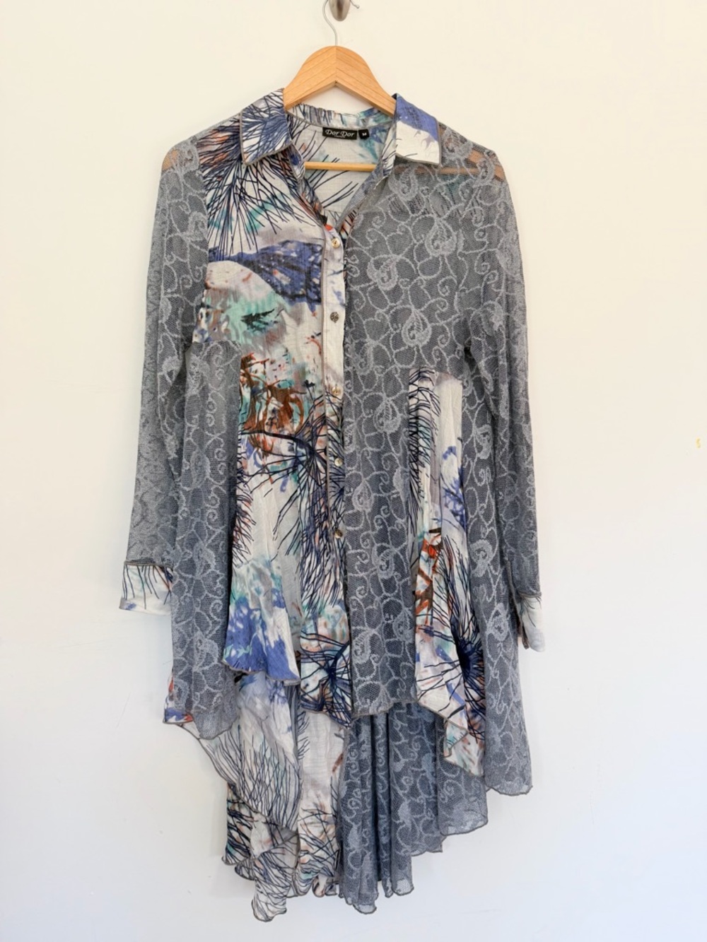 Dor Dor Couture Blue Gray Print Mixed-Media Button Front Art to Wear Top Lace M
